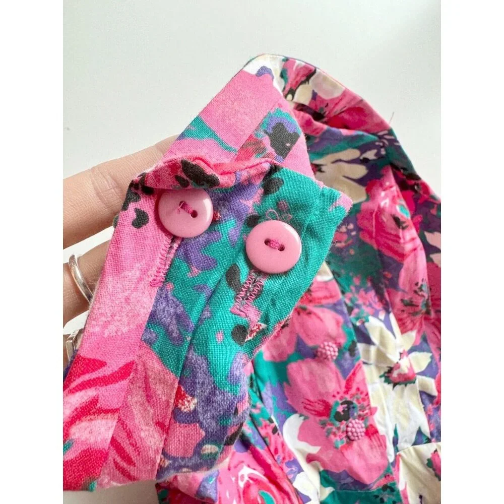 Vintage 80's CANNES Pink Floral Cotton Canvas Halter Midi Circle Dress, Size 14 - Picture 8 of 15